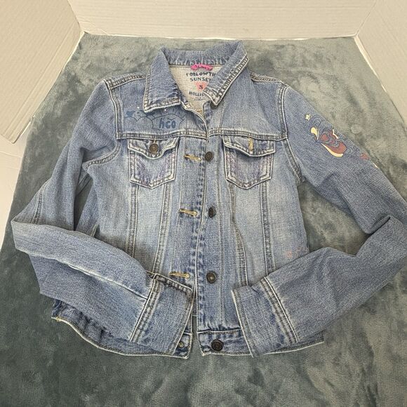 Hollister Y2K Denim Jacket Distressed Graffiti Women’s Small - Picture 11 of 11